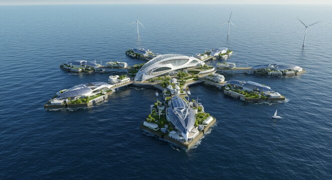 Futuristic floating city with sustainable architecture, solar panels, wind turbines for eco-friendly living, and smart urban design.