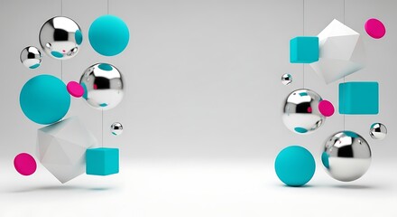 Abstract Composition of Hanging Silver Spheres Cubes and Polyhedra geometric shapes