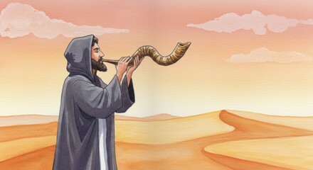 Man blowing shofar horn in desert landscape. Jewish New Year Rosh Hashanah holiday symbol. Ritual instrument. Biblical scene illustration.