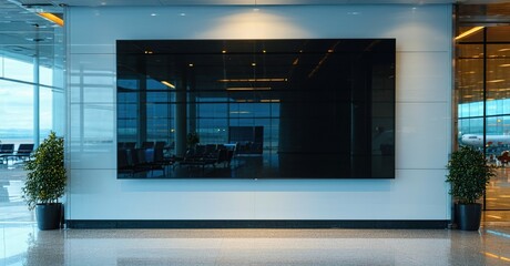 Ultra thin black screen panel tv off glossy reflection in airport lounge interior