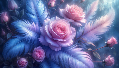 Blue and pink roses with feathers in dreamy artistic composition  