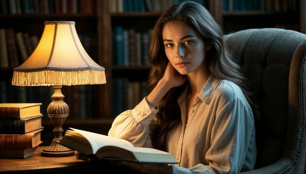 Young woman reading a book while sitting in an armchair by lamp  