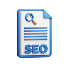 A document with seo written on it and a magnifying glass isolated on transparent background