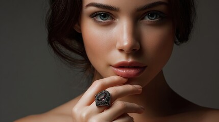 A glamorous woman with blue eyes and dark hair, delicately touches her face with a bejeweled ring on her finger