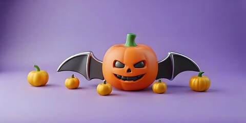 Halloween pumpkin with bat wings on purple background for halloween