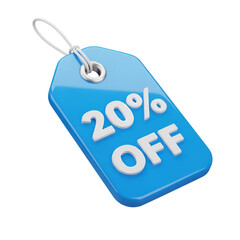 A blue tag with 20 off written on it isolated on transparent background