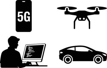 Modern technology icons: 5G, drone, programmer, and electric car symbolizing connectivity and innovation.