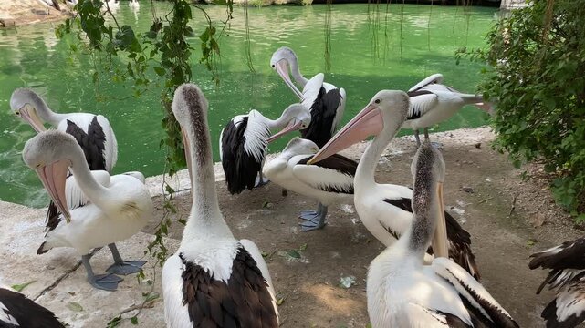 Group of Australian pelican birds or Pelecanus conspicillatus on the edge of green pond