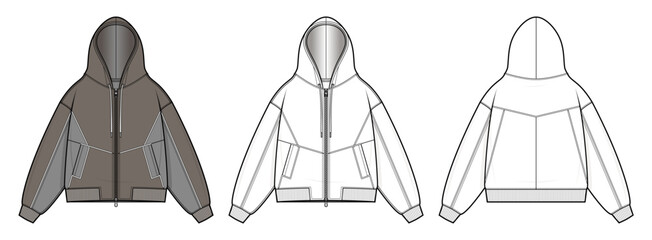 Unisex Colorblock Hooded Zip-Up Jacket technical fashion illustration. Front and back view vector template. Relaxed fit hoodie with ribbed hem and cuffs. Neutral earthy tones. CAD mockup set.
