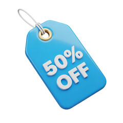 Blue tag displaying a 50 off discount isolated on transparent background