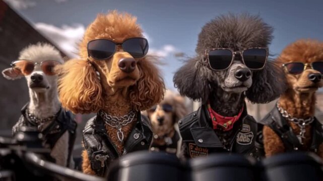 Group of poodles dressed as bikers riding motorcycles together, enjoying the wind and the ride, humorous and playful concept with dogs in a motorbike gang