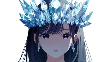 A portrait of a woman with long dark hair wearing a crown and earrings of blue crystals
