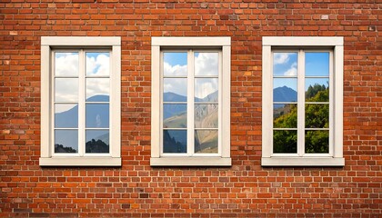 Three Windows on a Brick Wall Reflecting the Sky.