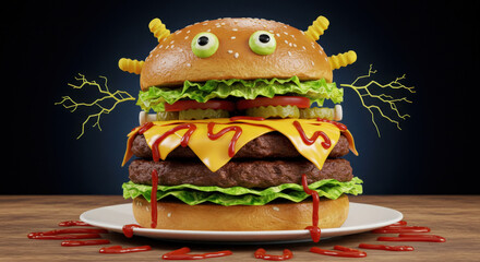 Halloween monster burger with electric cheese spikes and spooky eyes