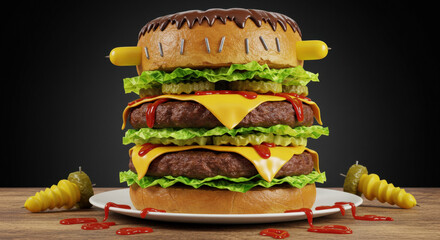Halloween crazy double burger shaped like a scary creature