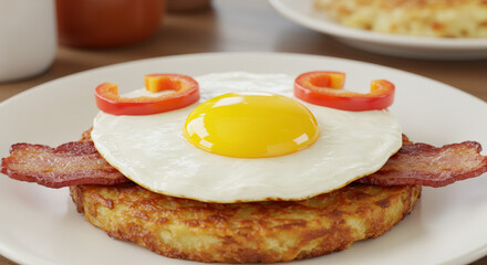 Halloween funny pancake breakfast with egg eyes and crispy bacon moustache