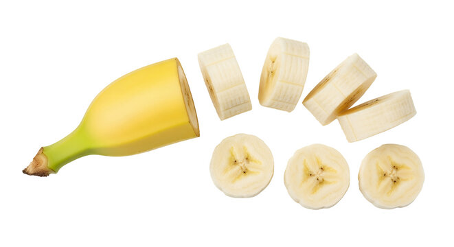 Closeup of a fresh yellow banana slice on a white background for a healthy fruit, white background isolated