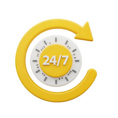 247 service icon in yellow and white isolated on transparent background, always available