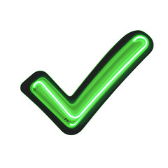 Glowing neon check mark symbol isolated against transparent background