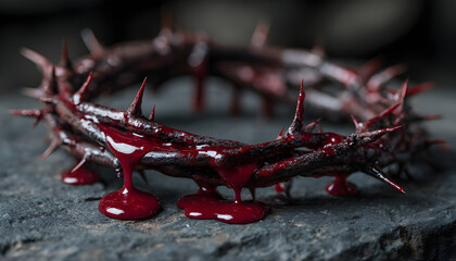 Obraz premium An image of a crown of thorns with drops of red liquid on a stone surface, symbolizing Good Friday and the Christian story of the resurrection