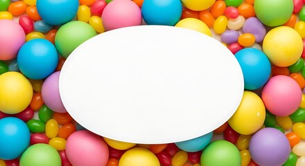 Easter eggs and jelly beans surrounding a blank white oval space candy sweets