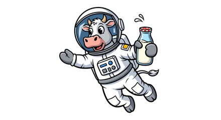 Cartoon cow astronaut floats in space, holding a bottle of milk, with a surprised expression.