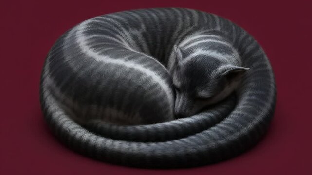暗い赤色の背景で丸くなって眠る、縞模様の美しい猫.