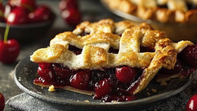 A delectable slice of fruit pie, boasting a golden, flaky lattice crust baked to perfection, sits invitingly on a dark, rustic plate. The rich, vibrant red filling, brimming with juicy whole fruits, g