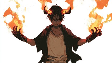 Dark-haired youth with horns, eyes glowing, wielding fire with open palms. Fiery aura all around