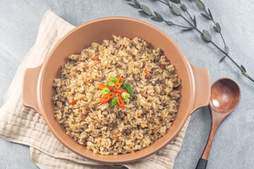 korean beef fried rice with vegetables in a bowl