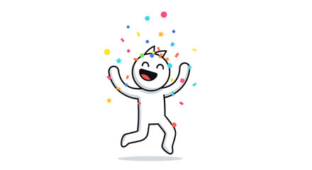 A joyful cartoon figure leaps with arms raised, celebrating under colorful confetti.