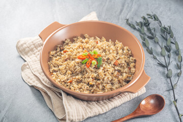korean beef fried rice with vegetables in a bowl