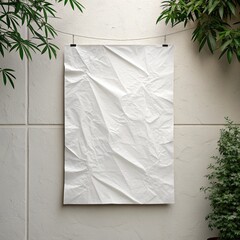 white paper wrinkled poster template ,blank glued creased paper sheet mockup.white poster mockup on wall. empty paper mockup..