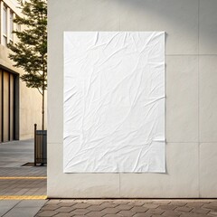 white paper wrinkled poster template ,blank glued creased paper sheet mockup.white poster mockup on wall. empty paper mockup..