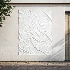 white paper wrinkled poster template ,blank glued creased paper sheet mockup.white poster mockup on wall. empty paper mockup..