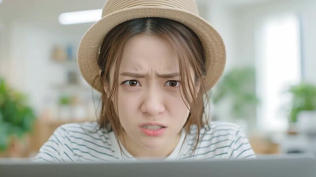 Young woman with a disgusted expression and hat.