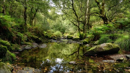 Obraz premium A serene stream meanders through a lush forest with mosscovered rocks