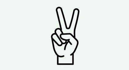 Fototapeta premium A hand making a peace sign with two fingers raised in a V shape, presented as a simple black line drawing on a white background.