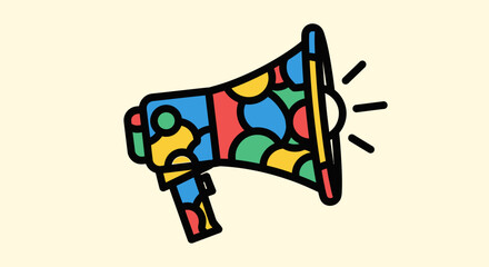 A colorful, stylized megaphone illustration, radiating sound with bright, geometric patterns.