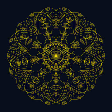 Yellow color drawing mandal on black background, ethnic fabric pattern, for paper, carpet, cloth, textile, wallpaper, wrapping, decoration.