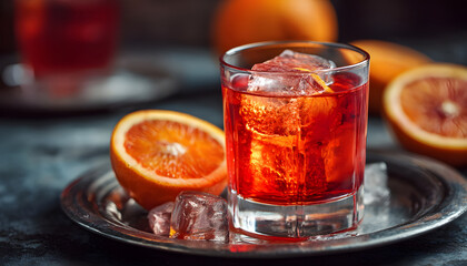 Citrus cocktail. Refreshing liquor. Bright aromatic negroni in glass. Alcoholic red drink ice cube orange fruit slice on metal tray
