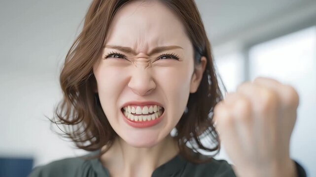 Furious Asian Woman Screaming with Fist Raised