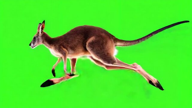 緑色の背景の前を横向きにジャンプするカンガルーの全身像.