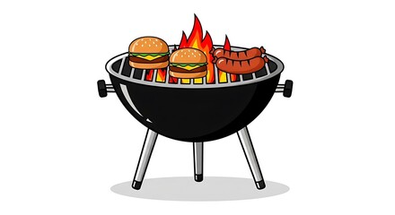 Barbecue Grill with Burgers Sausages and Flames on Black Metal Charcoal Barbecue
