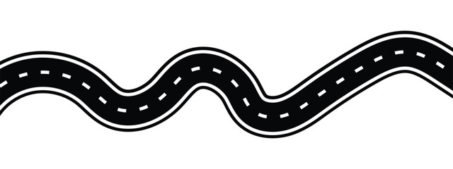 Wavy winding curves roads and horizontal path. Horizontal asphalt road template.Flat vector illustration isolated on white transparent background.Traffic curved highway.