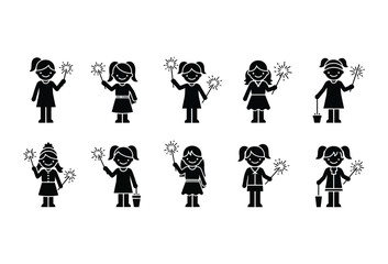 Vector illustration of vector art of cute cartoon girls holding sparkler sticks and tools