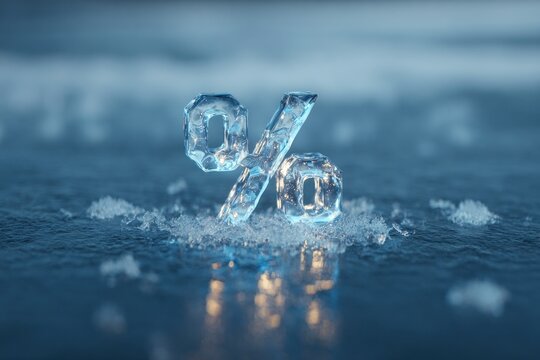 Transparent ice percent symbol on frozen lake. Concept of cold economy, interest rates, winter finance, frozen assets, risk.