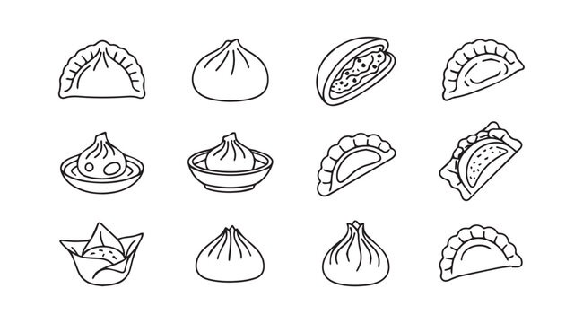 Hand drawn dumplings and wontons collection delicious asian food icons set vector