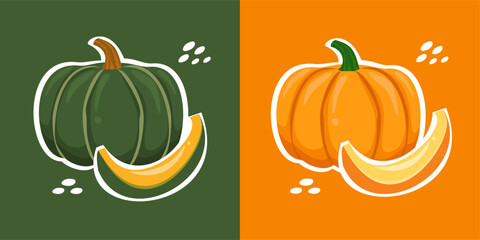 Green and orange pumpkin cartoon. Autumn season theme. Vegetable illustration. Colorful pumpkin set. Can be used for wallpaper, sticker and food element.
