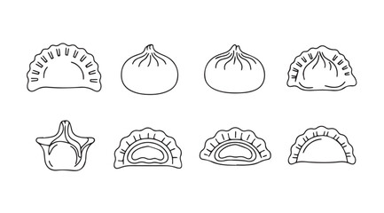 Collection of delicious dumplings and bao buns hand drawn line art food icons vector